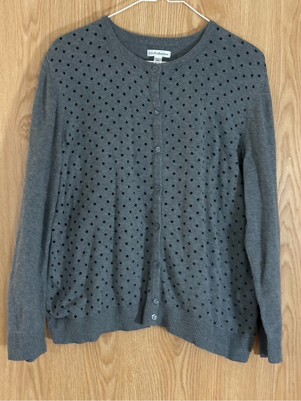 croft & barrow Charcoal Gray Polka Dot Cotton Crewneck Cardigan